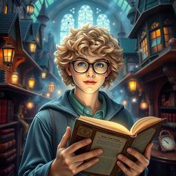 A wizard college student, featuring a young adult with blonde curly hair and wearing stylish glasses