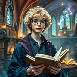 A wizard college student, featuring a young adult with blonde curly hair and wearing stylish glasses