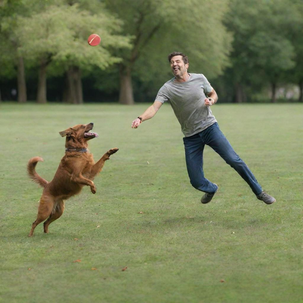 A man joyfully playing fetch with a lively brown dog in a sprawling green park, the dog eagerly chasing a thrown frisbee.