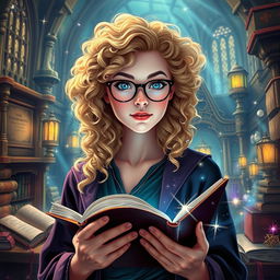 A female wizard college student, featuring a young woman with blonde curly hair and stylish glasses