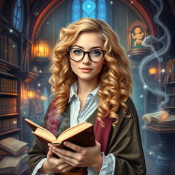 A female wizard college student, featuring a young woman with blonde curly hair and stylish glasses