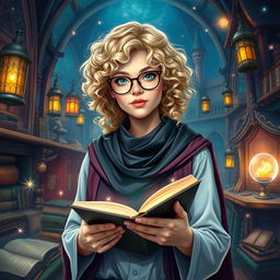 A female wizard college student, featuring a young woman with blonde curly hair and stylish glasses