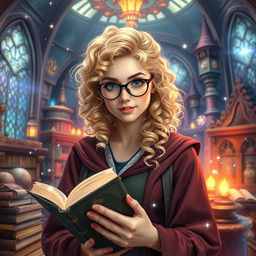 A female wizard college student, featuring a young woman with blonde curly hair and stylish glasses