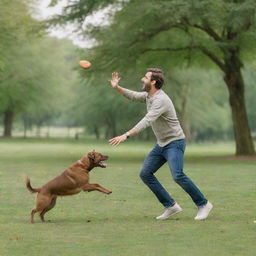 A man joyfully playing fetch with a lively brown dog in a sprawling green park, the dog eagerly chasing a thrown frisbee.