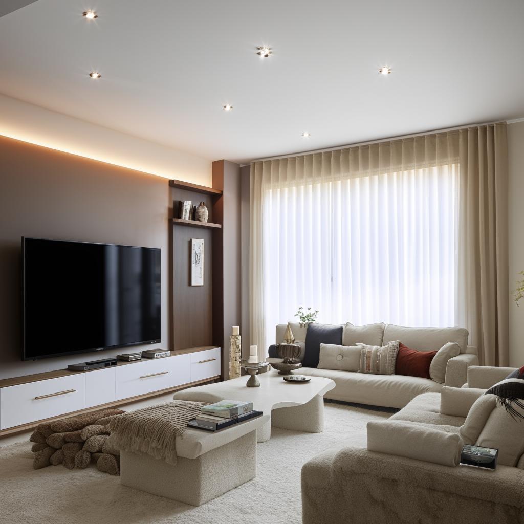 A 12x20 feet living room layout, with a chic TV unit on the 12 feet wall, and cozy couches placed along the 20 feet wall. The design illustrates a perfect utilization of space radiating comfort and modern elegance.