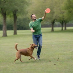 A man joyfully playing fetch with a lively brown dog in a sprawling green park, the dog eagerly chasing a thrown frisbee.