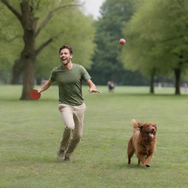 A man joyfully playing fetch with a lively brown dog in a sprawling green park, the dog eagerly chasing a thrown frisbee.