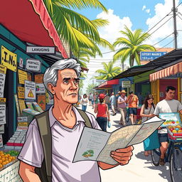 A detailed illustration depicting a foreigner in the Dominican Republic navigating various challenges of starting over