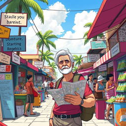 A detailed illustration depicting a foreigner in the Dominican Republic navigating various challenges of starting over