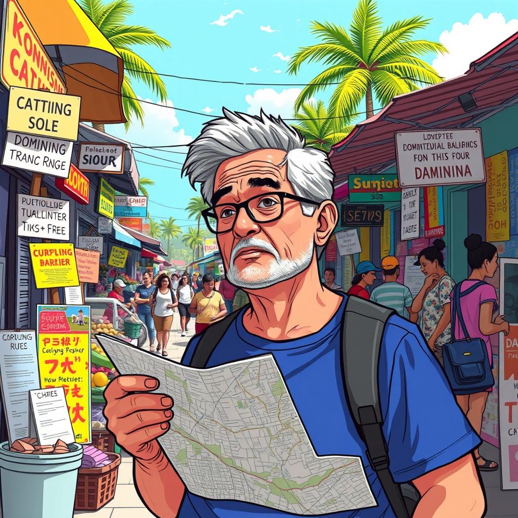 A detailed illustration depicting a foreigner in the Dominican Republic navigating various challenges of starting over