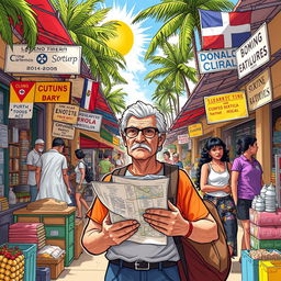 A detailed illustration depicting a foreigner in the Dominican Republic navigating various challenges of starting over