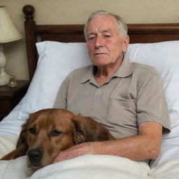 A solemn scene of an elderly man with a peaceful expression on his deathbed, his trusted brown dog faithfully nestled beside him showing a sense of sadness and companionship.