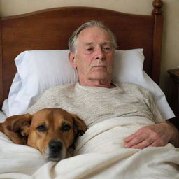 A solemn scene of an elderly man with a peaceful expression on his deathbed, his trusted brown dog faithfully nestled beside him showing a sense of sadness and companionship.