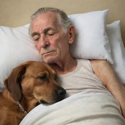 A solemn scene of an elderly man with a peaceful expression on his deathbed, his trusted brown dog faithfully nestled beside him showing a sense of sadness and companionship.