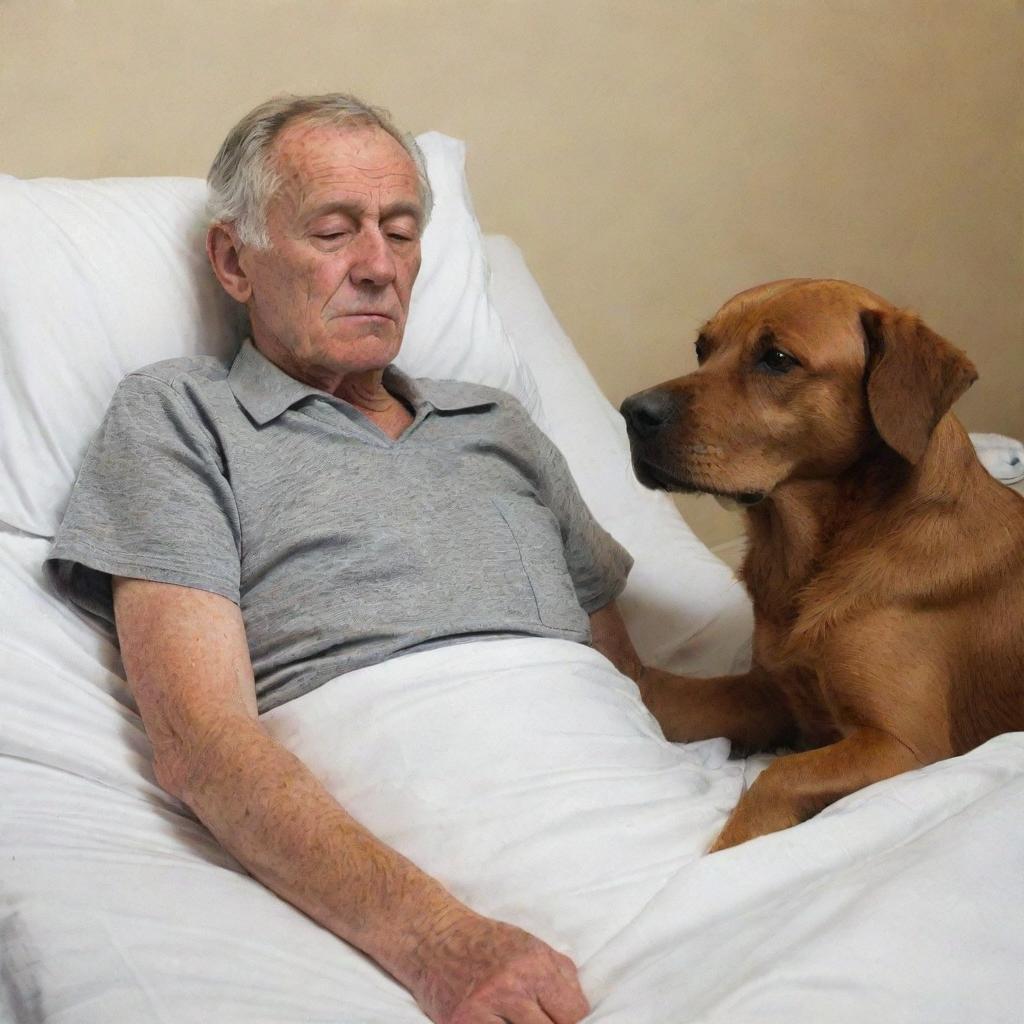 A solemn scene of an elderly man with a peaceful expression on his deathbed, his trusted brown dog faithfully nestled beside him showing a sense of sadness and companionship.