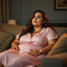 A plus size woman resembling Ashley Graham with very large breasts and brown hair, comfortably lounging on a sofa