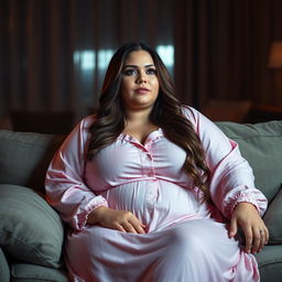 A plus size woman resembling Ashley Graham with very large breasts and brown hair, comfortably lounging on a sofa