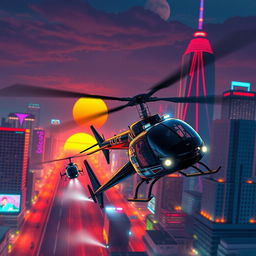 An intense helicopter chase scene in a stylized video game environment inspired by GTA San Andreas