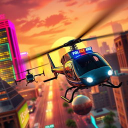 An intense helicopter chase scene in a stylized video game environment inspired by GTA San Andreas