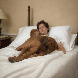 An emotional scene showing a young man lying peacefully on his deathbed, a loyal brown dog sitting beside him, displaying a clear aura of sorrowful companionship.