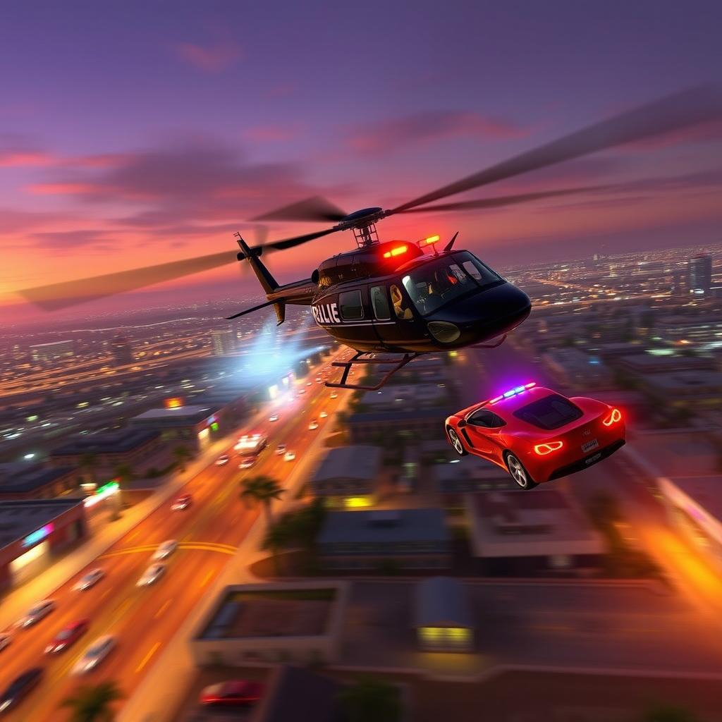 An intense scene from GTA San Andreas featuring a helicopter chase with the police