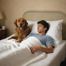 An emotional scene showing a young man lying peacefully on his deathbed, a loyal brown dog sitting beside him, displaying a clear aura of sorrowful companionship.