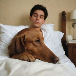 An emotional scene showing a young man lying peacefully on his deathbed, a loyal brown dog sitting beside him, displaying a clear aura of sorrowful companionship.