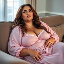 A beautiful plus-size woman resembling Ashley Graham, with very large breasts and brown hair, wearing a soft pink sleep dress