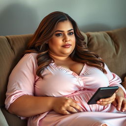 A beautiful plus-size woman resembling Ashley Graham, with very large breasts and brown hair, wearing a soft pink sleep dress