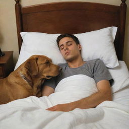 An emotional scene showing a young man lying peacefully on his deathbed, a loyal brown dog sitting beside him, displaying a clear aura of sorrowful companionship.