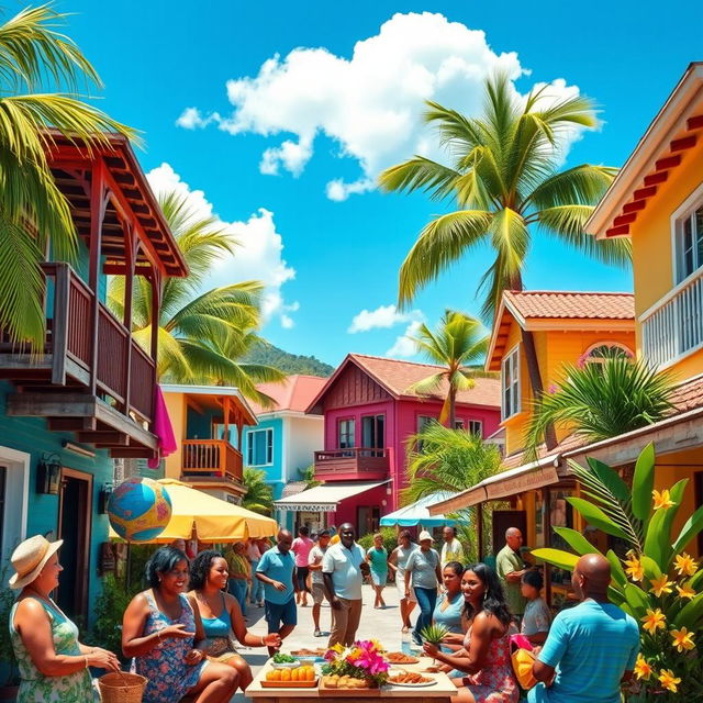 A vibrant, sunny scene depicting a picturesque Caribbean village