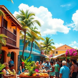 A vibrant, sunny scene depicting a picturesque Caribbean village