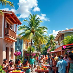 A vibrant, sunny scene depicting a picturesque Caribbean village