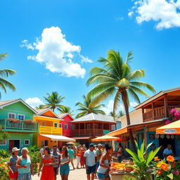 A vibrant, sunny scene depicting a picturesque Caribbean village