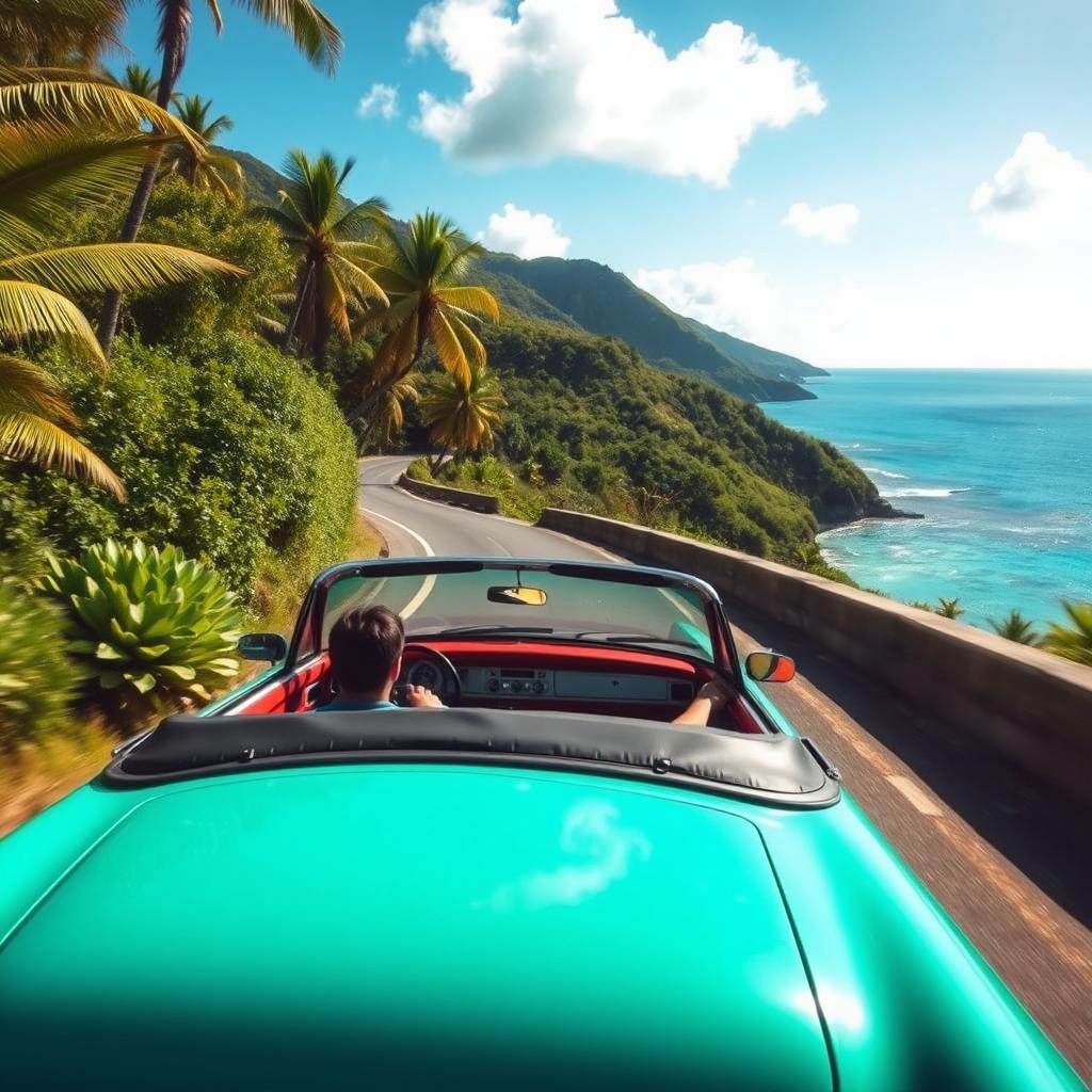 A scenic view of a person driving a car along a winding road on a stunning Caribbean island