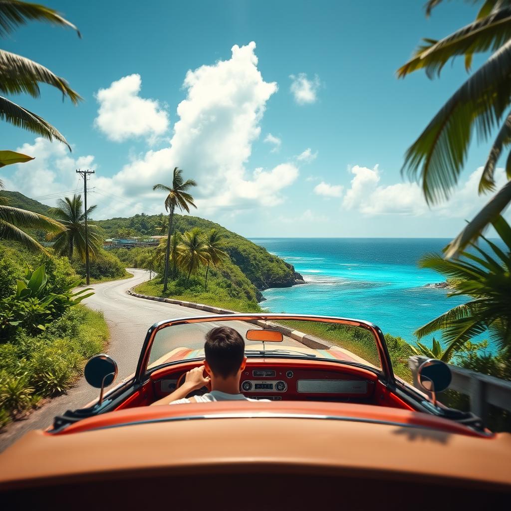 A scenic view of a person driving a car along a winding road on a stunning Caribbean island