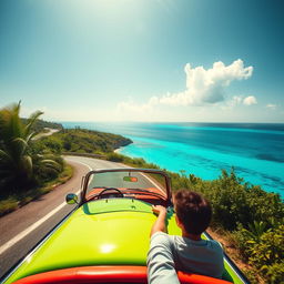 A scenic view of a person driving a car along a winding road on a stunning Caribbean island