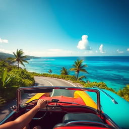 A scenic view of a person driving a car along a winding road on a stunning Caribbean island