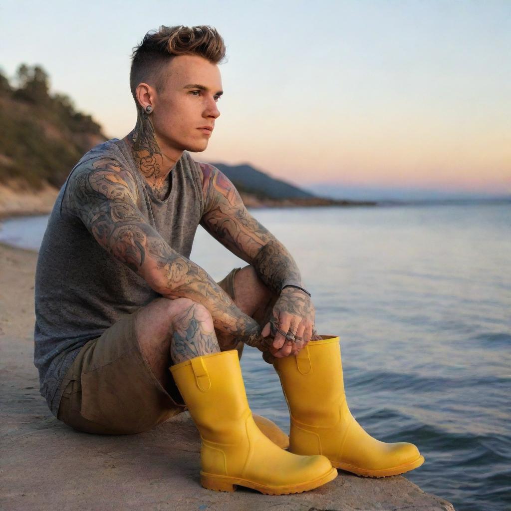 Generate an image of a young man named Tyler, with tattoos on his skin, sitting by the sea at sunset, holding a coffee mug and wearing bright yellow Colorado boots.