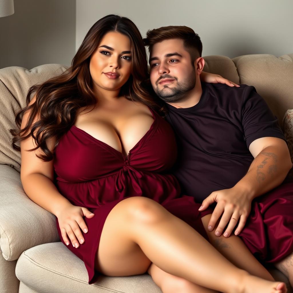 A beautiful plus-size woman resembling Ashley Graham, with very large breasts and flowing brown hair, wearing a maroon sleeveless sleep dress