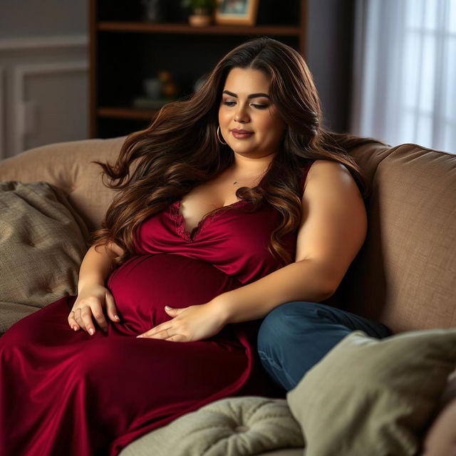 A beautiful plus-size woman resembling Ashley Graham, with very large breasts and flowing brown hair, wearing a maroon sleeveless sleep dress