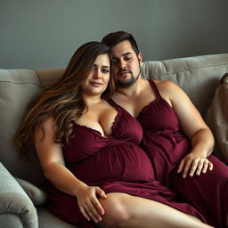 A beautiful plus-size woman resembling Ashley Graham, with very large breasts and flowing brown hair, wearing a maroon sleeveless sleep dress