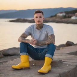 Generate an image of a young man named Tyler, with tattoos on his skin, sitting by the sea at sunset, holding a coffee mug and wearing bright yellow Colorado boots.