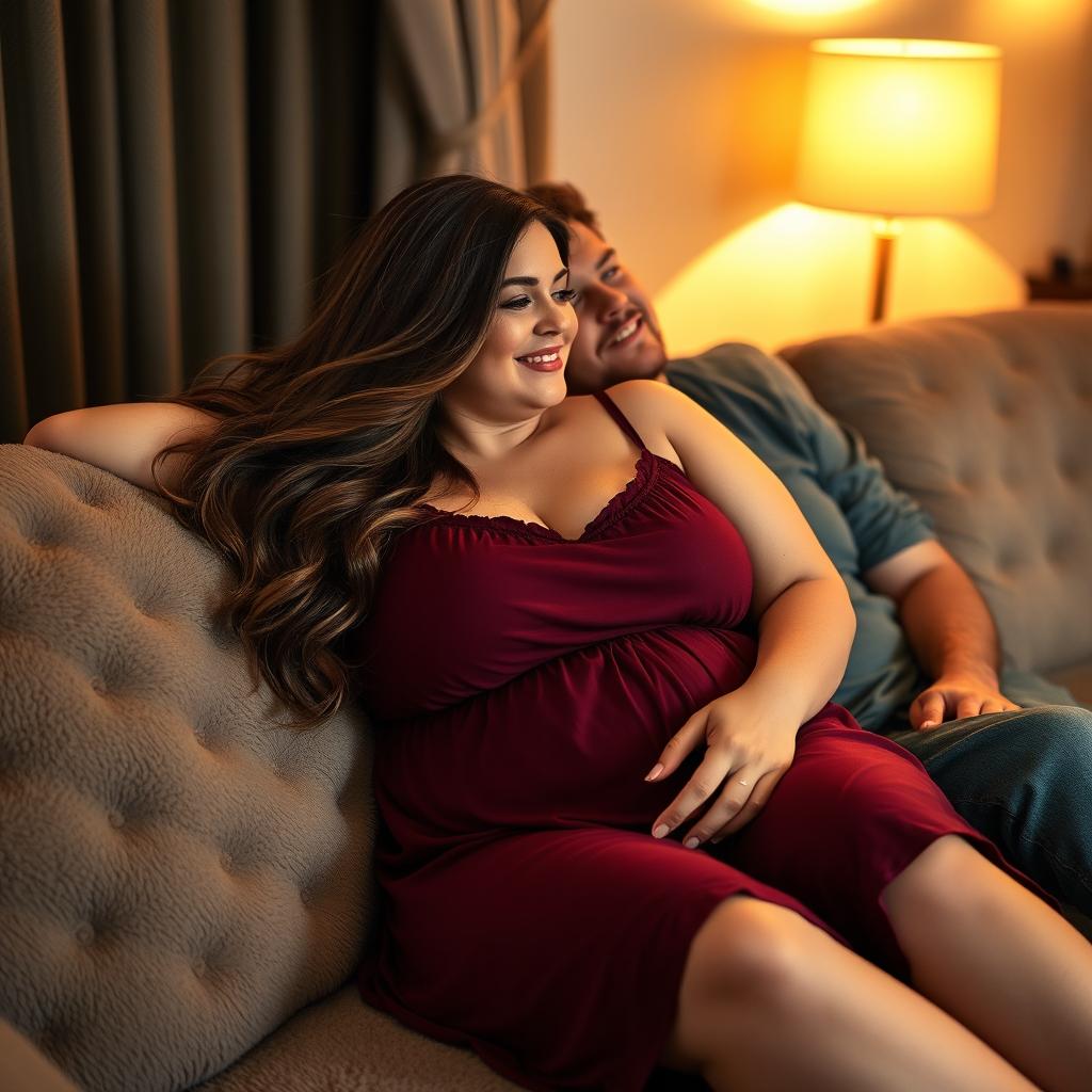 A beautiful plus-size woman resembling Ashley Graham, with flowing brown hair and a maroon sleeveless sleep dress, relaxing on a plush sofa