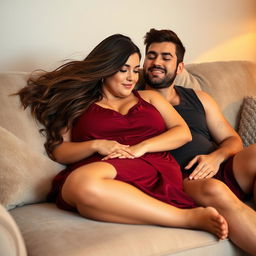 A beautiful plus-size woman resembling Ashley Graham, with flowing brown hair and a maroon sleeveless sleep dress, relaxing on a plush sofa