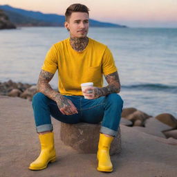 Generate an image of a young man named Tyler, with tattoos on his skin, sitting by the sea at sunset, holding a coffee mug and wearing bright yellow Colorado boots.