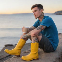 Generate an image of a young man named Tyler, with tattoos on his skin, sitting by the sea at sunset, holding a coffee mug and wearing bright yellow Colorado boots.