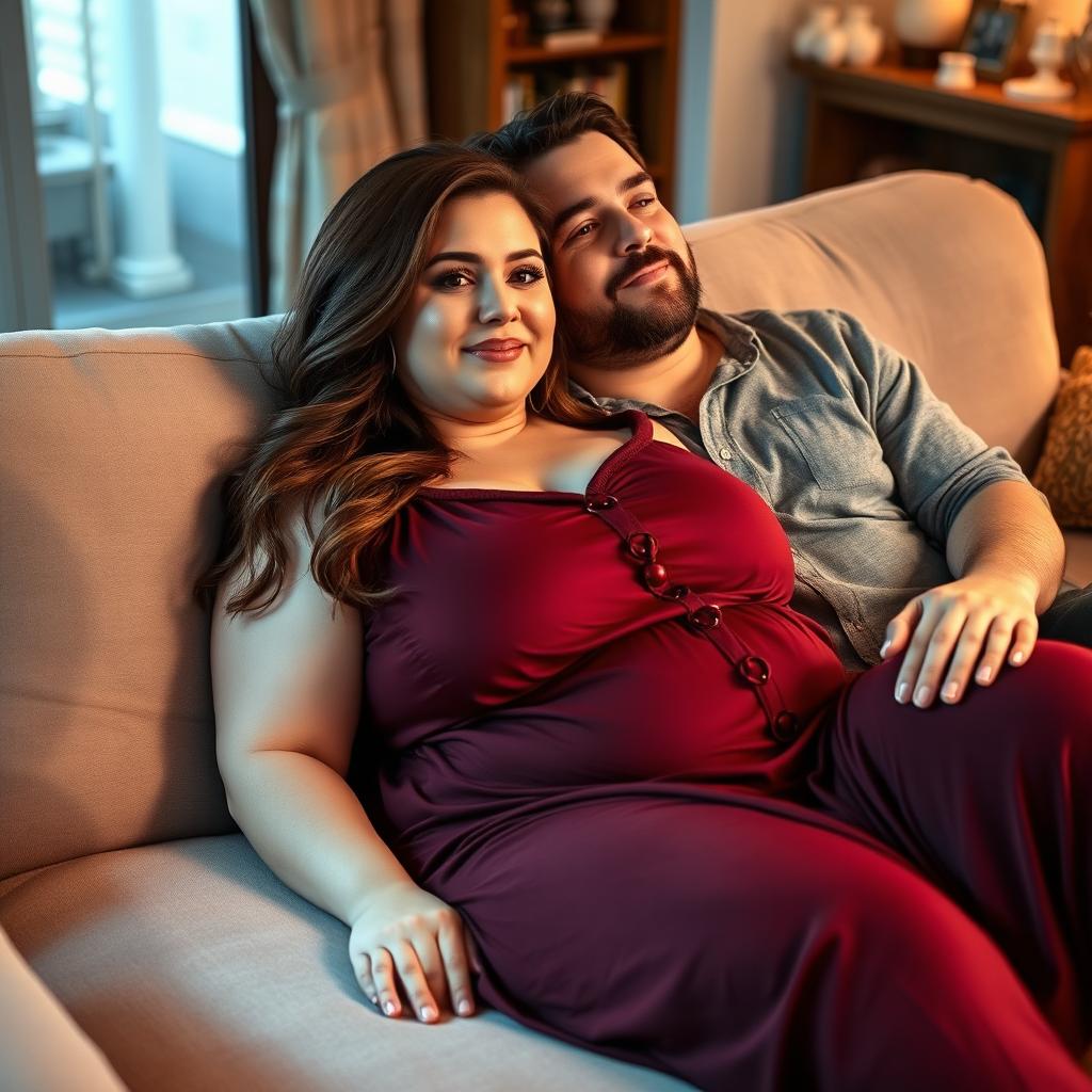 A beautiful plus-size woman resembling Ashley Graham, with brown hair and very large breasts, wearing a maroon sleeveless sleep dress