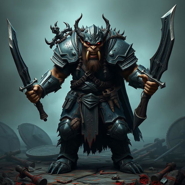 A menacing orc knight in full, dark armor stands poised for battle in a dramatic pose