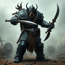 A menacing orc knight in full, dark armor stands poised for battle in a dramatic pose